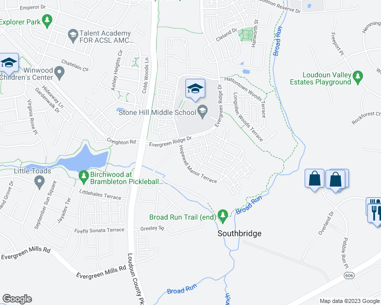 map of restaurants, bars, coffee shops, grocery stores, and more near 43073 Thoroughfare Gap Terrace in Sterling