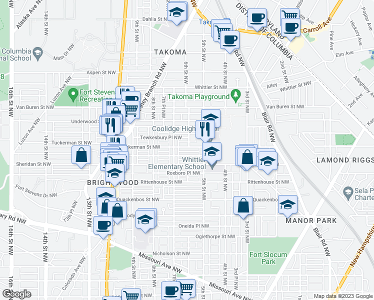 map of restaurants, bars, coffee shops, grocery stores, and more near 600 Tuckerman Street Northwest in Washington