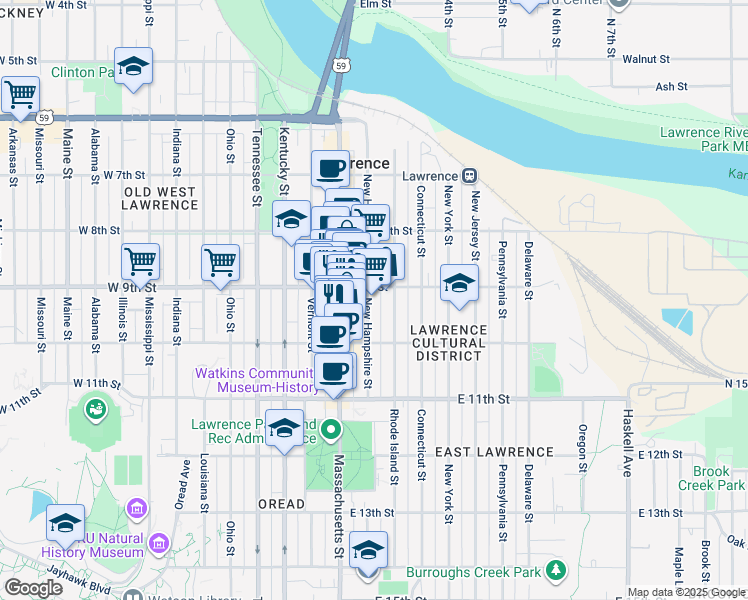 map of restaurants, bars, coffee shops, grocery stores, and more near 901 New Hampshire Street in Lawrence