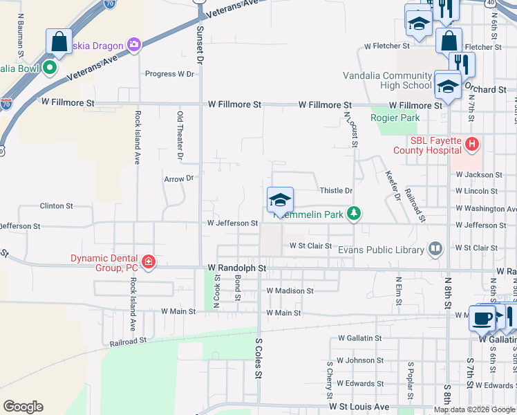 map of restaurants, bars, coffee shops, grocery stores, and more near 517 North Coles Street in Vandalia