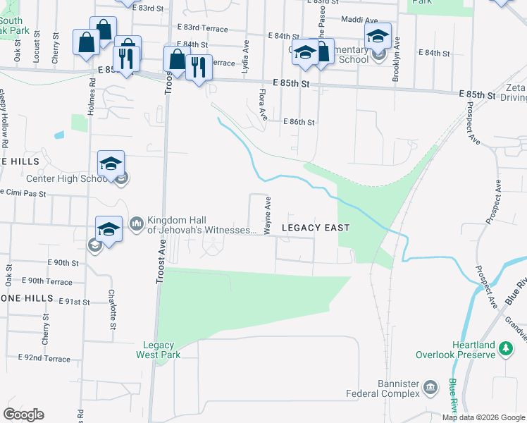map of restaurants, bars, coffee shops, grocery stores, and more near 8821 Wayne Avenue in Kansas City
