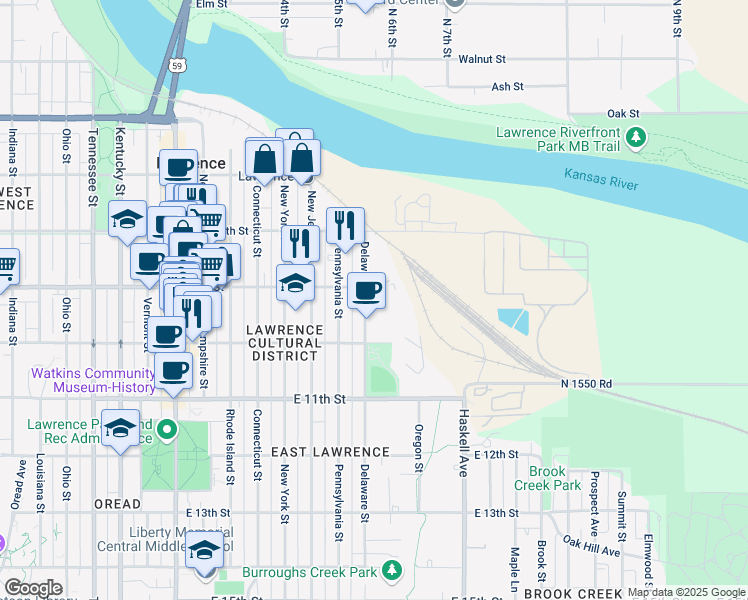 map of restaurants, bars, coffee shops, grocery stores, and more near 900 Delaware Street in Lawrence