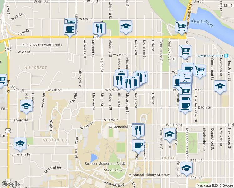 map of restaurants, bars, coffee shops, grocery stores, and more near 913 Illinois Street in Lawrence