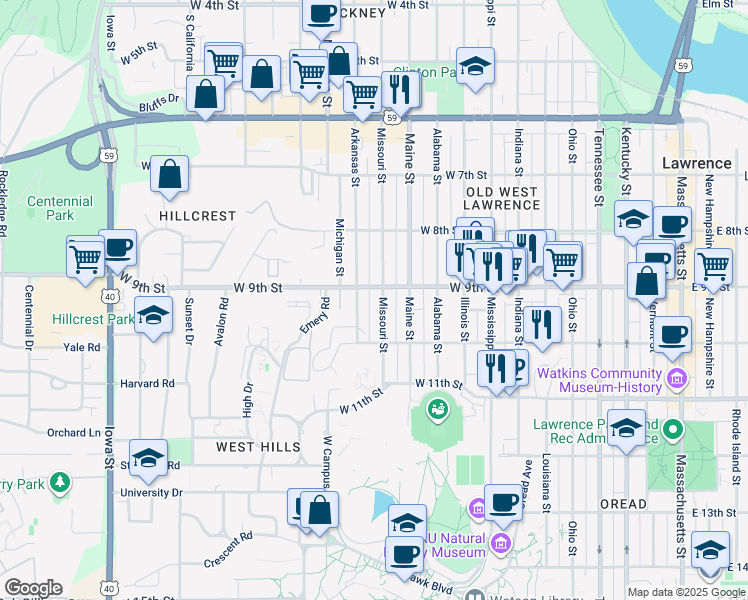 map of restaurants, bars, coffee shops, grocery stores, and more near 912 Missouri Street in Lawrence