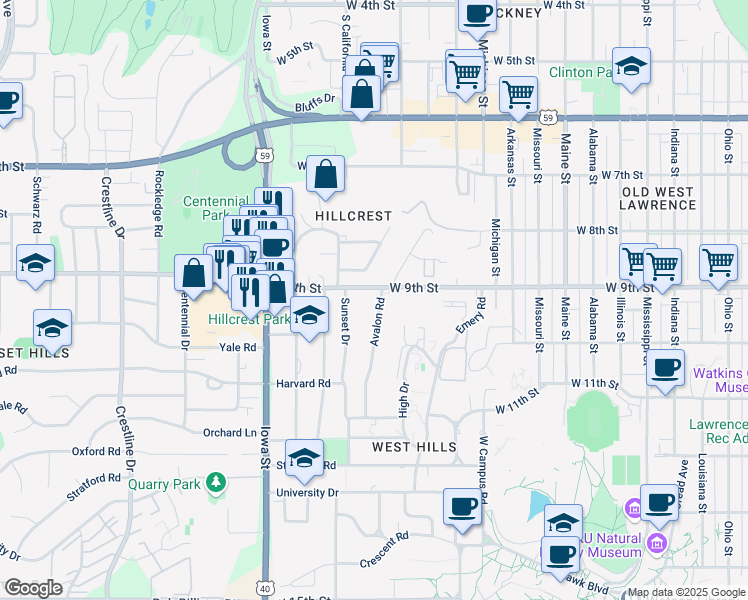 map of restaurants, bars, coffee shops, grocery stores, and more near 901 Avalon Road in Lawrence