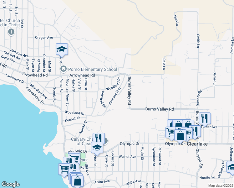 map of restaurants, bars, coffee shops, grocery stores, and more near 3572 Sonoma Way in Clearlake