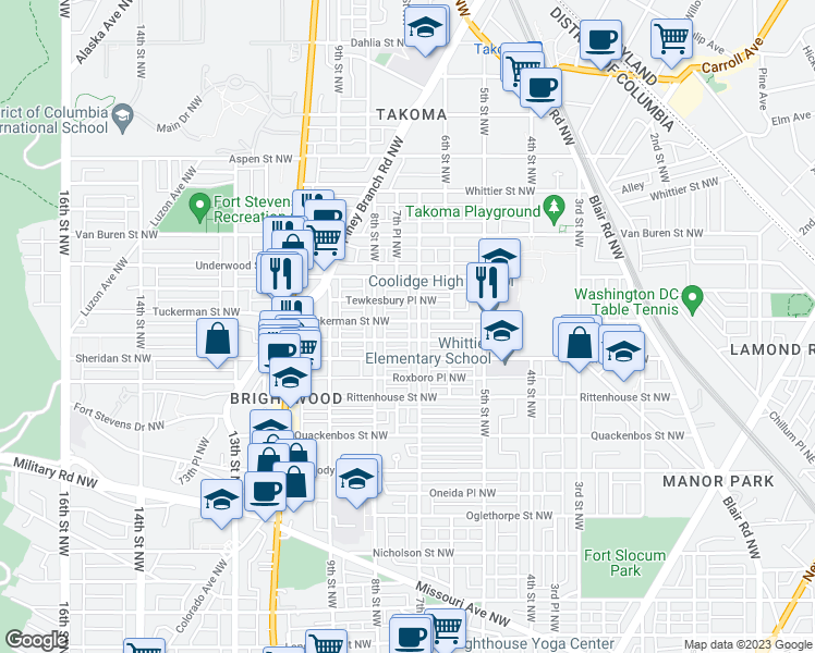 map of restaurants, bars, coffee shops, grocery stores, and more near 710 Tuckerman Street Northwest in Washington