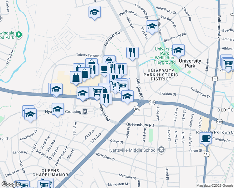 map of restaurants, bars, coffee shops, grocery stores, and more near 6401 America Boulevard in Hyattsville