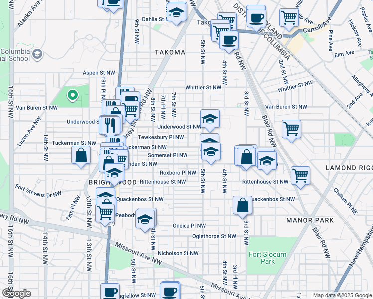 map of restaurants, bars, coffee shops, grocery stores, and more near 600 Tuckerman Street Northwest in Washington