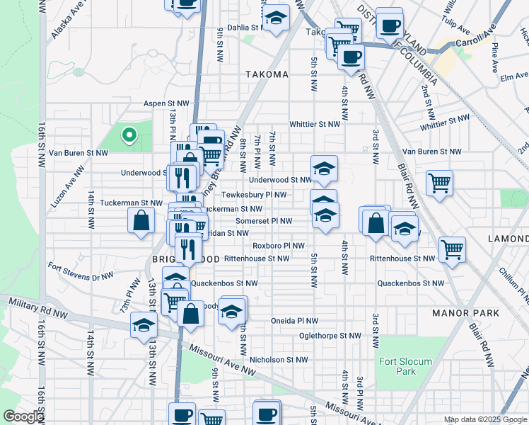 map of restaurants, bars, coffee shops, grocery stores, and more near 710 Tuckerman Street Northwest in Washington