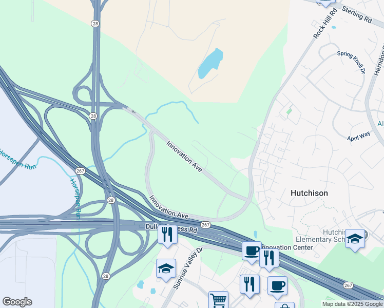 map of restaurants, bars, coffee shops, grocery stores, and more near 23550 Innovation Avenue in Sterling