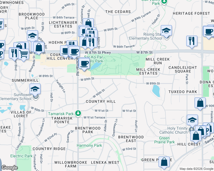 map of restaurants, bars, coffee shops, grocery stores, and more near 14616 West 90th Street in Lenexa
