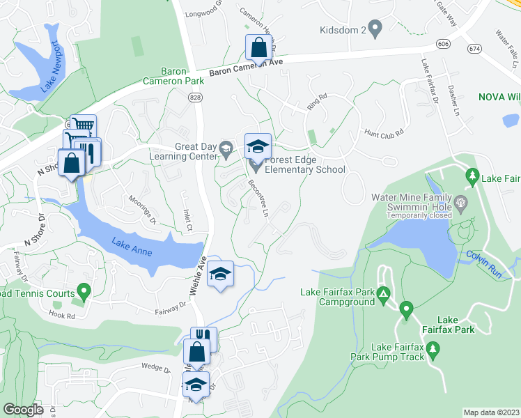map of restaurants, bars, coffee shops, grocery stores, and more near 1586 Goldenrain Court in Reston
