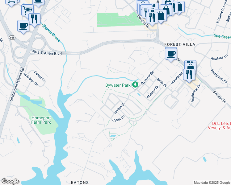 map of restaurants, bars, coffee shops, grocery stores, and more near 744 Pearson Point in Annapolis