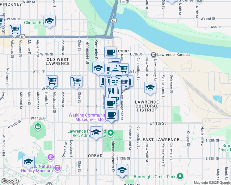 map of restaurants, bars, coffee shops, grocery stores, and more near 901 New Hampshire Street in Lawrence