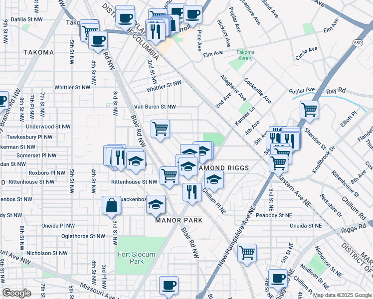 map of restaurants, bars, coffee shops, grocery stores, and more near 32 Tuckerman Street Northwest in Washington