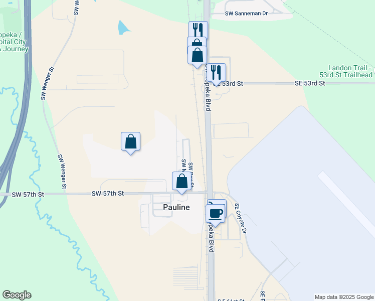 map of restaurants, bars, coffee shops, grocery stores, and more near 29 Southwest Rex Street in Topeka