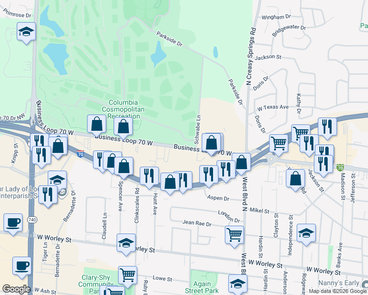 map of restaurants, bars, coffee shops, grocery stores, and more near 1360 Business Loop 70 West in Columbia