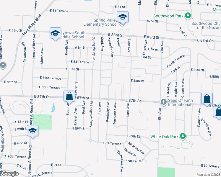 map of restaurants, bars, coffee shops, grocery stores, and more near 8605 Kentucky Avenue in Raytown