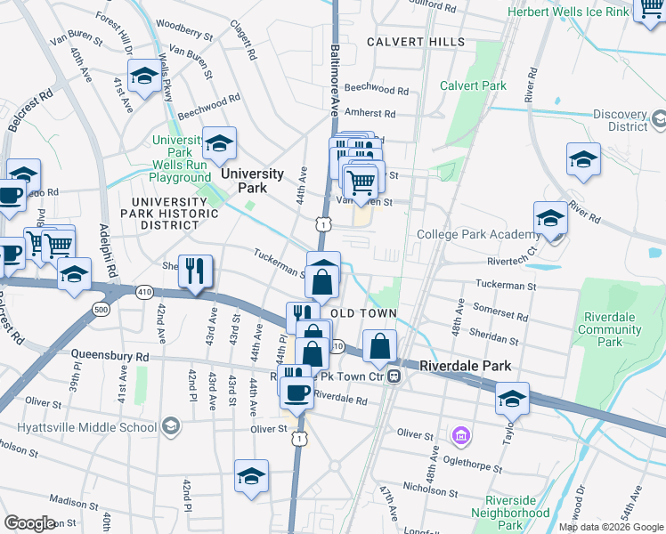 map of restaurants, bars, coffee shops, grocery stores, and more near 4504 Tuckerman Street in Riverdale Park