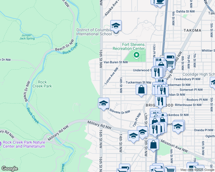 map of restaurants, bars, coffee shops, grocery stores, and more near 6323 Luzon Avenue Northwest in Washington