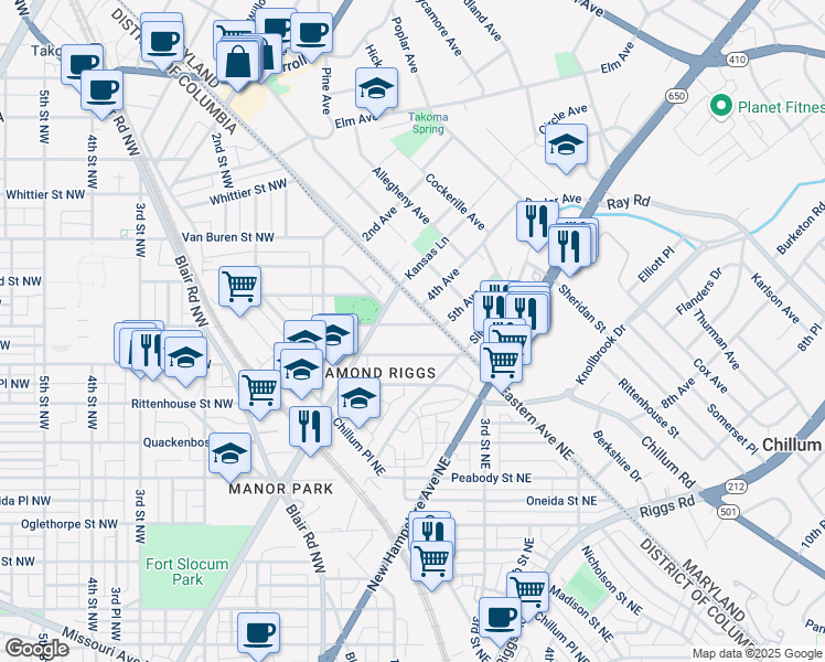 map of restaurants, bars, coffee shops, grocery stores, and more near 133 Tuckerman Street Northeast in Washington