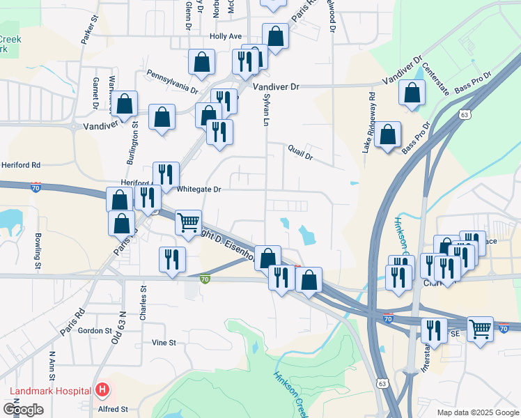 map of restaurants, bars, coffee shops, grocery stores, and more near 1505 Sylvan Lane in Columbia