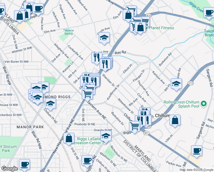 map of restaurants, bars, coffee shops, grocery stores, and more near 625 Sheridan Street in Adelphi