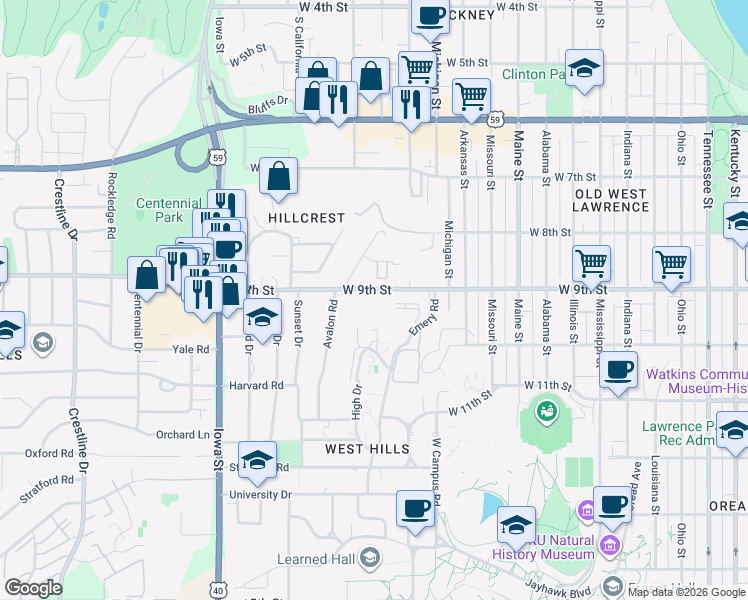 map of restaurants, bars, coffee shops, grocery stores, and more near 1605 West 9th Street in Lawrence