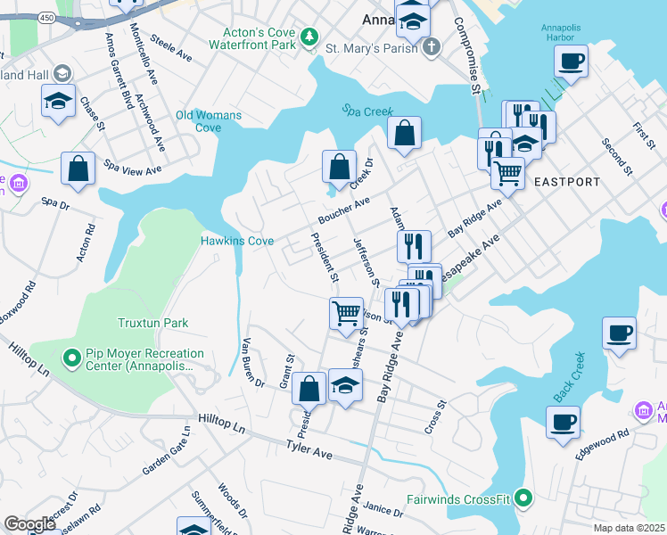 map of restaurants, bars, coffee shops, grocery stores, and more near 1018 Wells Avenue in Annapolis
