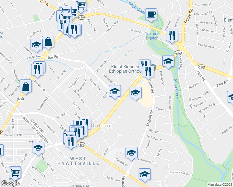 map of restaurants, bars, coffee shops, grocery stores, and more near 1000 Ray Road in Hyattsville