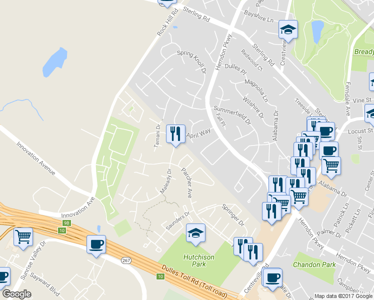 map of restaurants, bars, coffee shops, grocery stores, and more near 2158 Mager Drive in Herndon