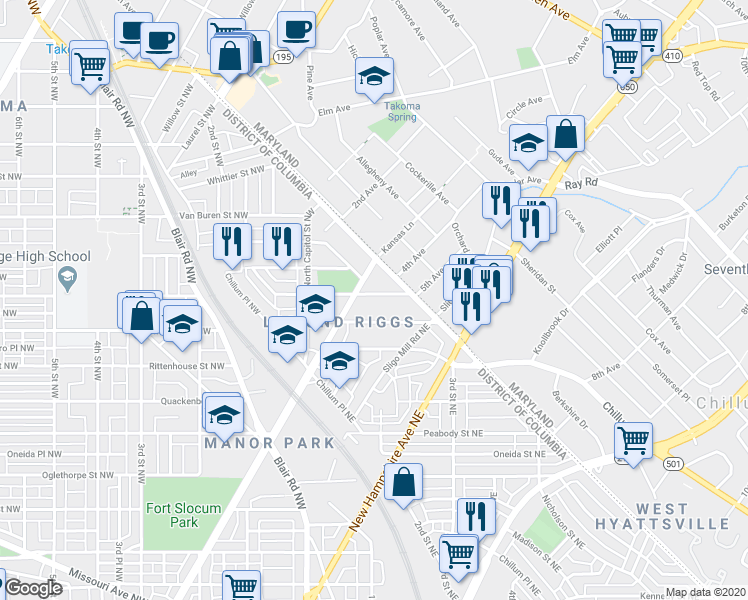 map of restaurants, bars, coffee shops, grocery stores, and more near 117 Tuckerman Street Northeast in Washington