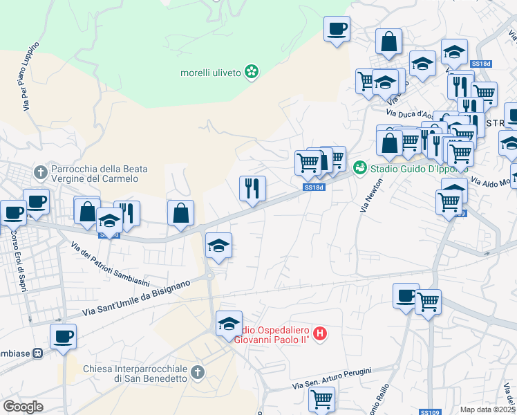 map of restaurants, bars, coffee shops, grocery stores, and more near 255/B Via Guglielmo Marconi in Lamezia Terme