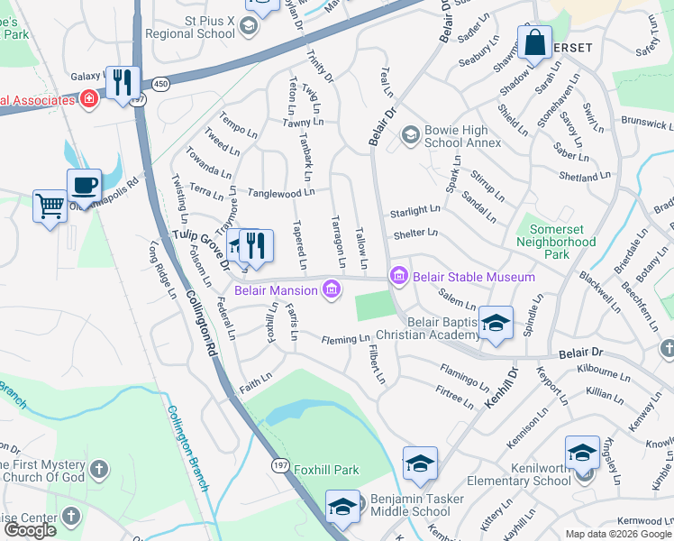 map of restaurants, bars, coffee shops, grocery stores, and more near 2900 Tarragon Lane in Bowie