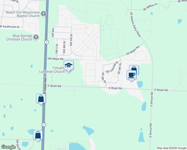 map of restaurants, bars, coffee shops, grocery stores, and more near 102 SW Rose St in Blue Springs