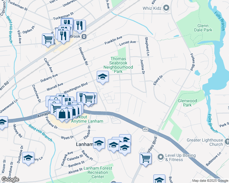 map of restaurants, bars, coffee shops, grocery stores, and more near 9600 Linwood Avenue in Lanham