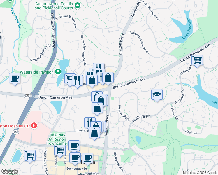 map of restaurants, bars, coffee shops, grocery stores, and more near 1675 Reston Parkway in Reston
