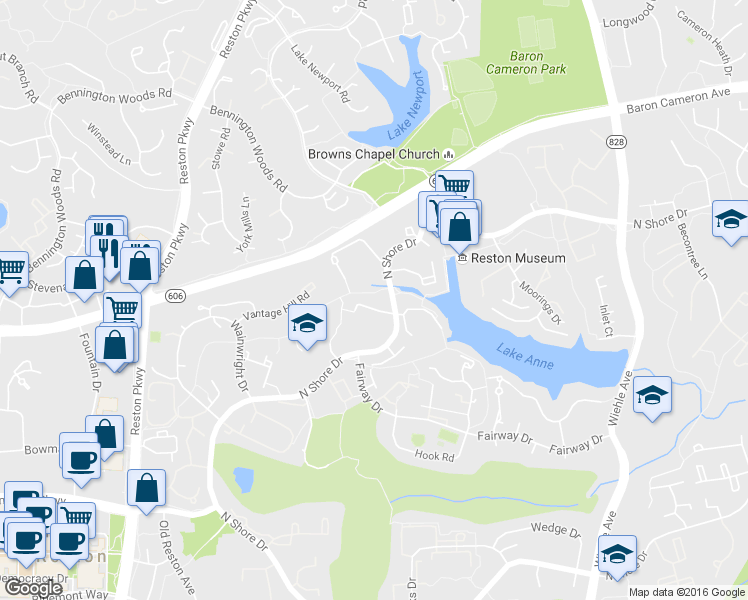 map of restaurants, bars, coffee shops, grocery stores, and more near 11518 Hickory Cluster in Reston