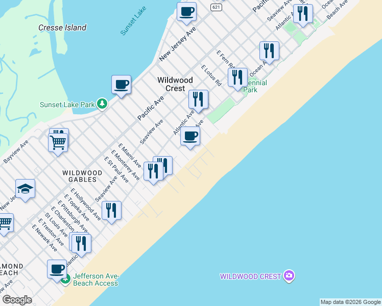 map of restaurants, bars, coffee shops, grocery stores, and more near 508 East Stanton Road in Wildwood Crest