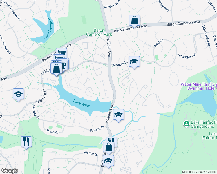 map of restaurants, bars, coffee shops, grocery stores, and more near 1527 Inlet Court in Reston