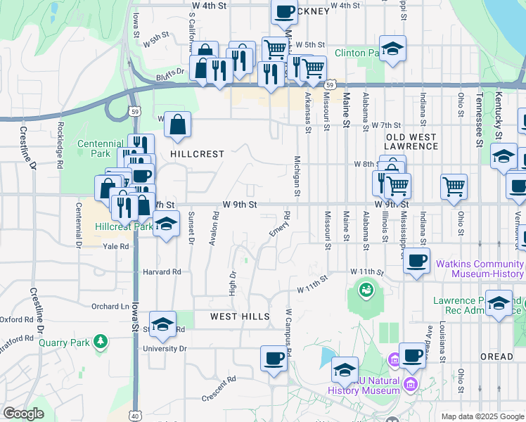 map of restaurants, bars, coffee shops, grocery stores, and more near 927 Emery Road in Lawrence