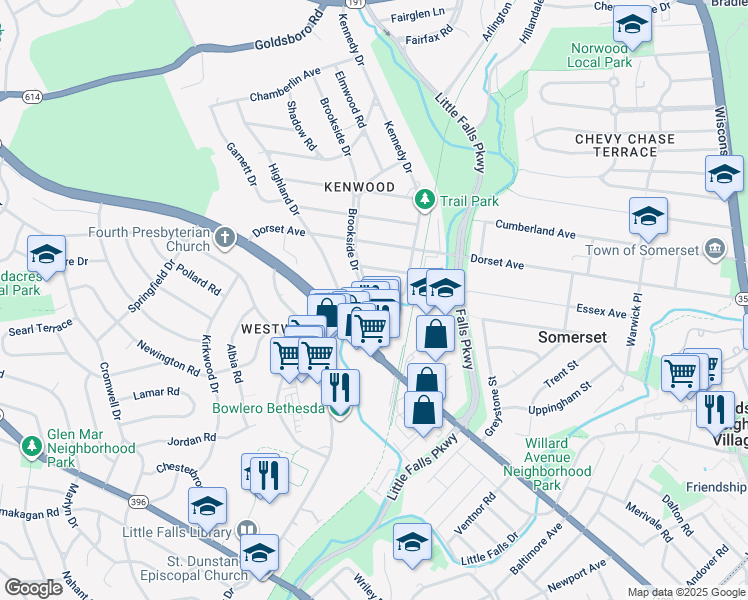 map of restaurants, bars, coffee shops, grocery stores, and more near 5212 Lawn Way in Chevy Chase