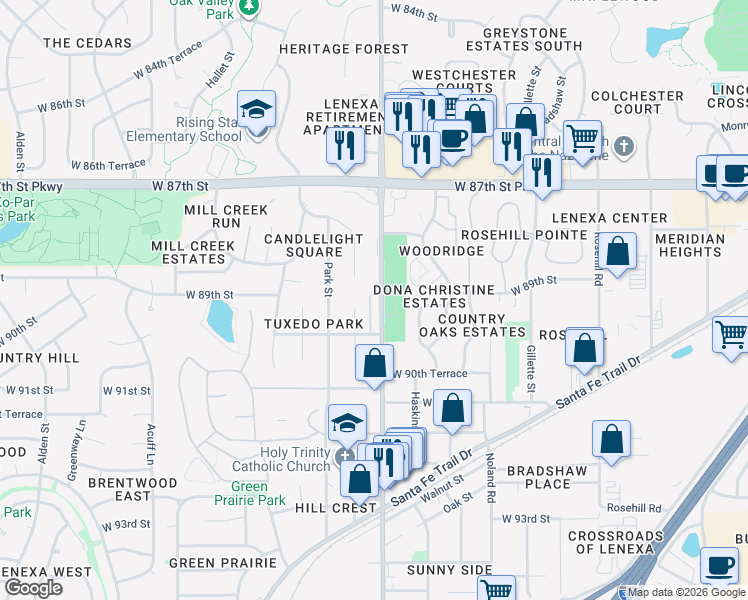 map of restaurants, bars, coffee shops, grocery stores, and more near 8915 Summit Street in Lenexa