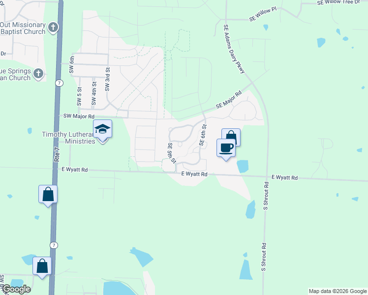 map of restaurants, bars, coffee shops, grocery stores, and more near 516 Southeast Colonial Court in Blue Springs