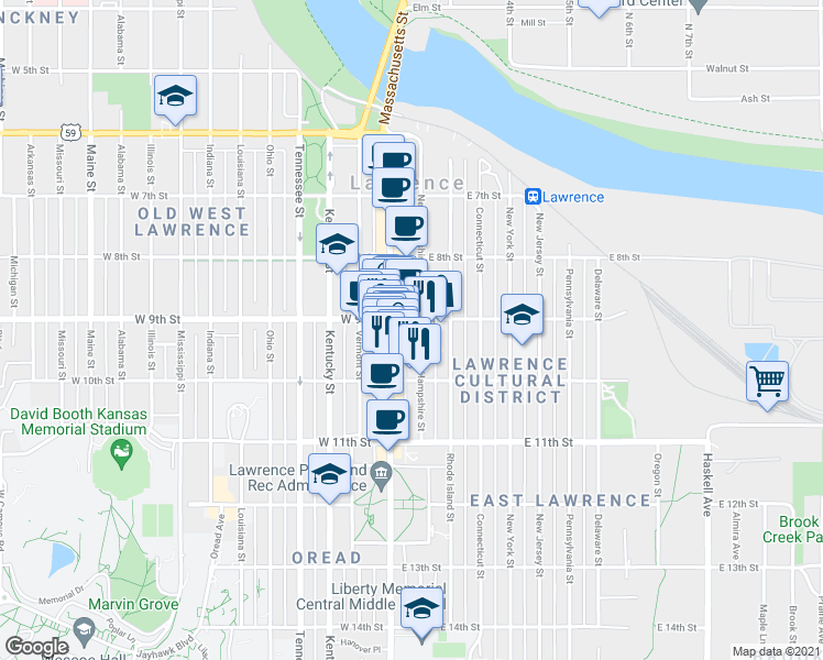 map of restaurants, bars, coffee shops, grocery stores, and more near 901 New Hampshire Street in Lawrence