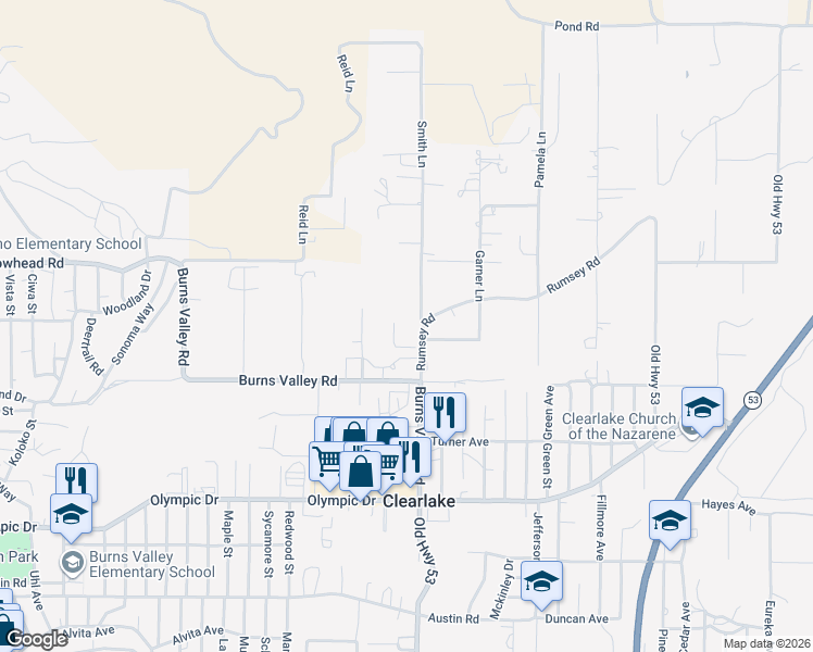 map of restaurants, bars, coffee shops, grocery stores, and more near 3155 Smith Lane in Clearlake