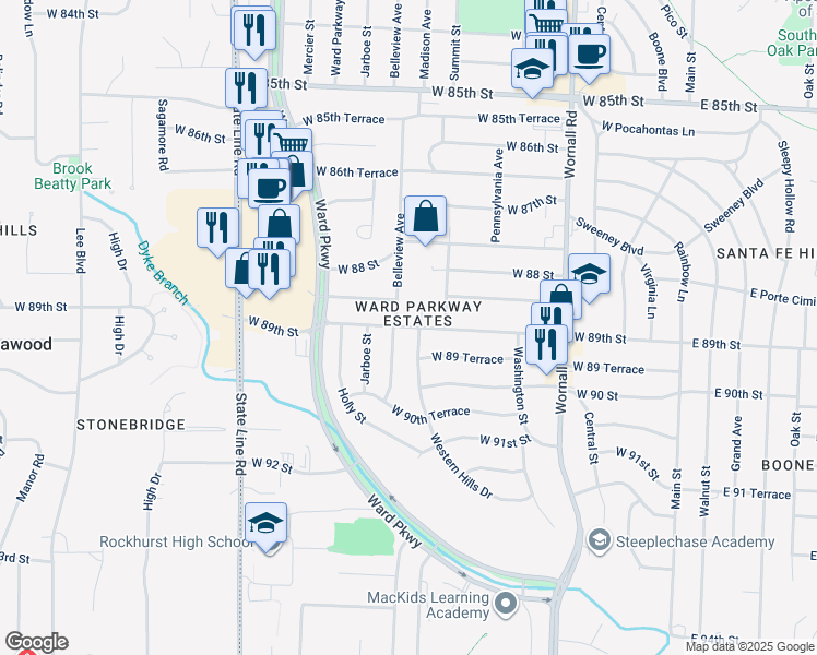 map of restaurants, bars, coffee shops, grocery stores, and more near 8901 Belleview Avenue in Kansas City