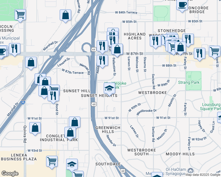 map of restaurants, bars, coffee shops, grocery stores, and more near 10722 West 88th Terrace in Overland Park