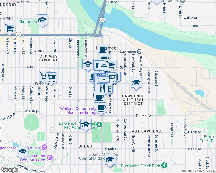 map of restaurants, bars, coffee shops, grocery stores, and more near 901 New Hampshire Street in Lawrence